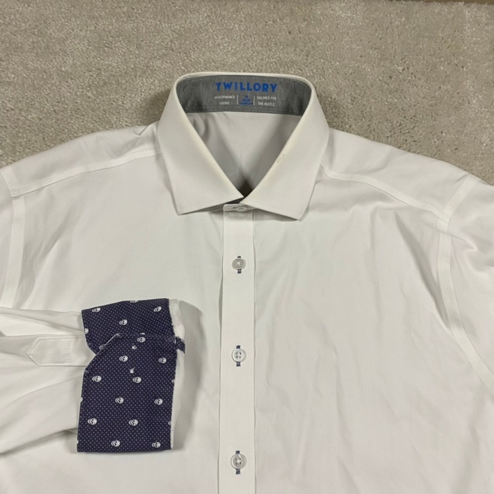 Twillory White Performance Dress Shirt Mens 18 34-35 Skulls Tailored Coolmax